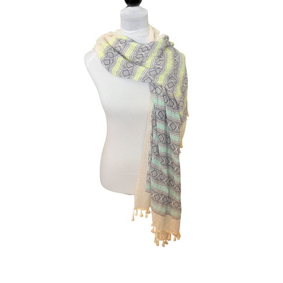 Francescas Lightweight Boho Tassel Scarf Geometric Print Cream Pastel Summer - Picture 7 of 15